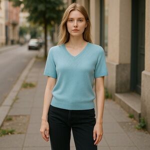 DALTON Women’s Size 18/20 Blue Rib Knit Short Sleeve Stretch Vintage sweater